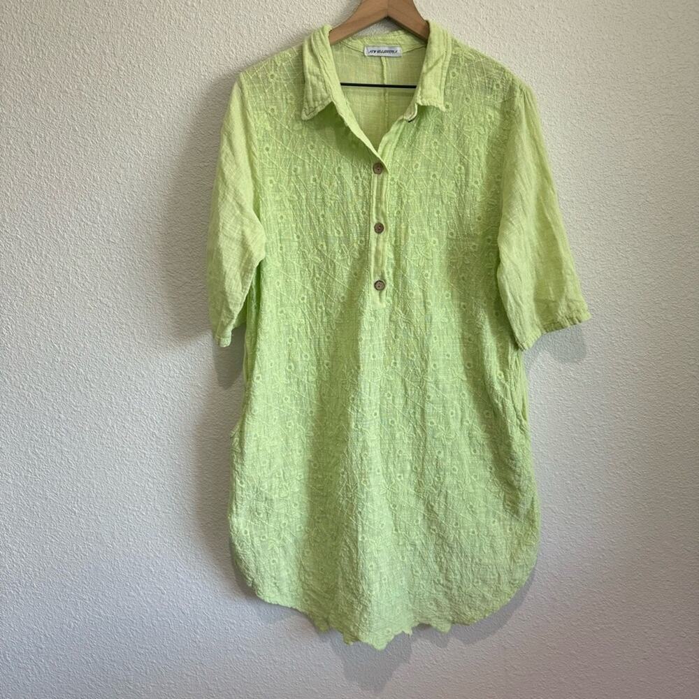New Collection Italy Lime Green Linen Blend Embroidered Tunic Dress Pockets